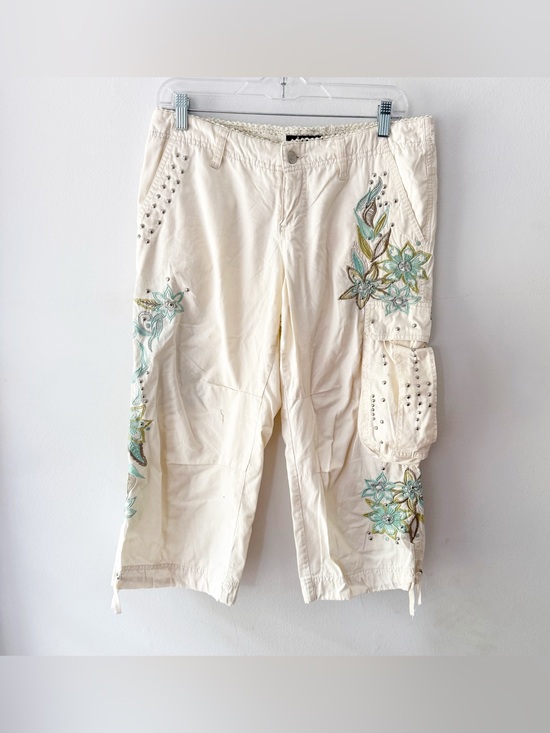 Vintage Pants - Vintage Women Y2K 100% Cotton Floral Embroidered Low Rise Pants Size 10 Grunge